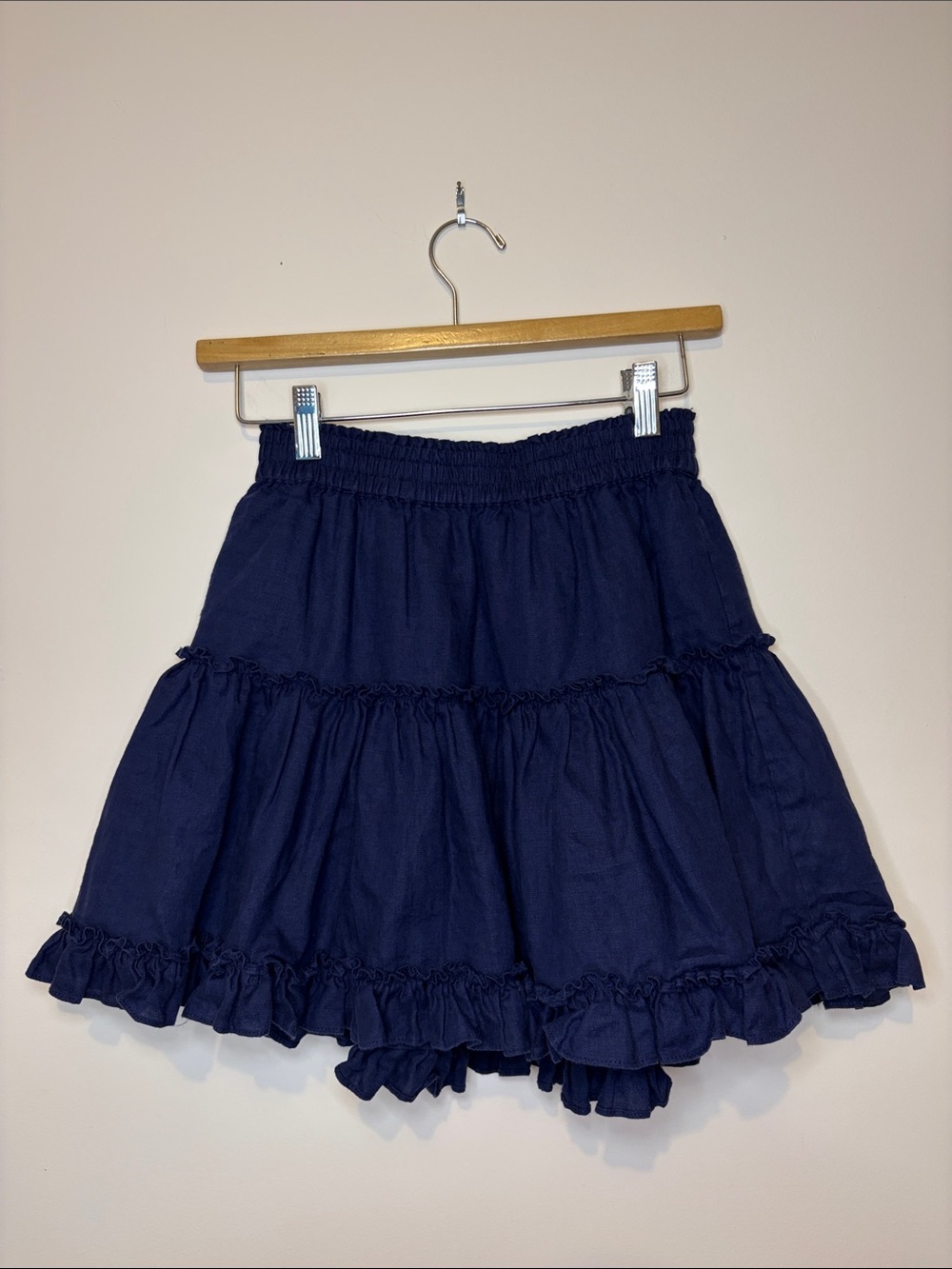 Hill House The Paz Tiered Ruffle Skirt Navy Size Small Linen Cotton